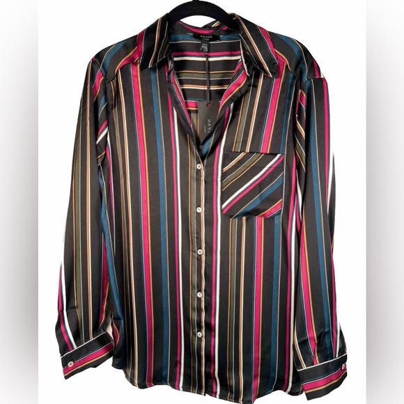 NWT HAVER LONDON Satin Striped V neck Button Up LS Shirt WEAR UNTIED/TIED XS - Picture 1 of 16